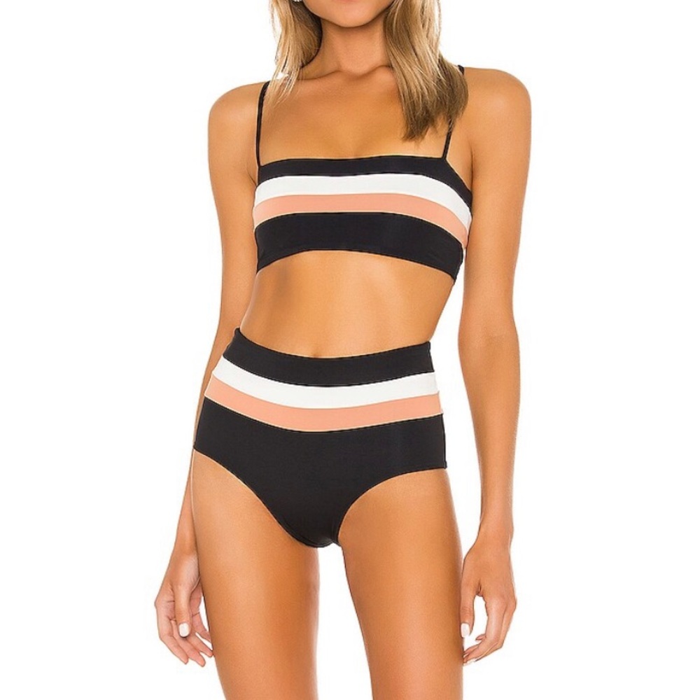 L*Space Portia Stripe High Waist Bottom in Black, Cream & Chestnut Bikini Swim L
